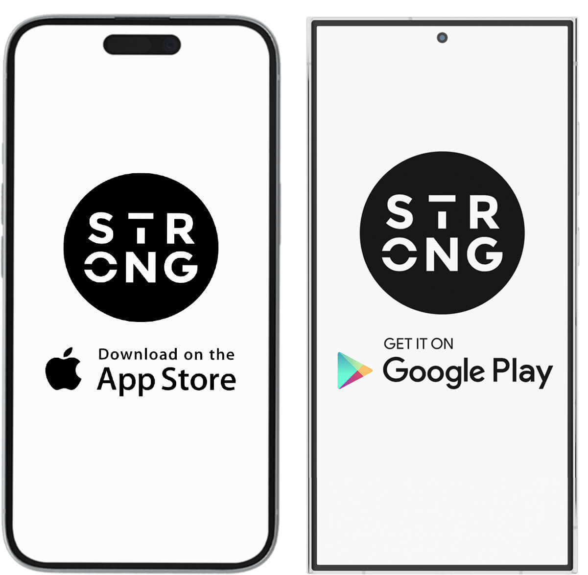 STRONG app on iPhone and Android with App Store and Google Play badges